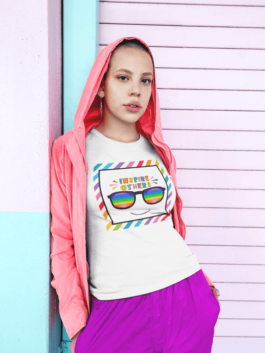 The Light Inspire Others Look through colored Light T-Shirt for adults, featuring a vibrant print promoting positivity and individuality. Ideal for casual wear and meaningful gatherings.