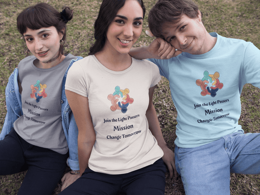 Three young adults model the Teams Love and Peace Change Makers Unite T-Shirts, promoting unity and positive change with a “people holding hands” logo.