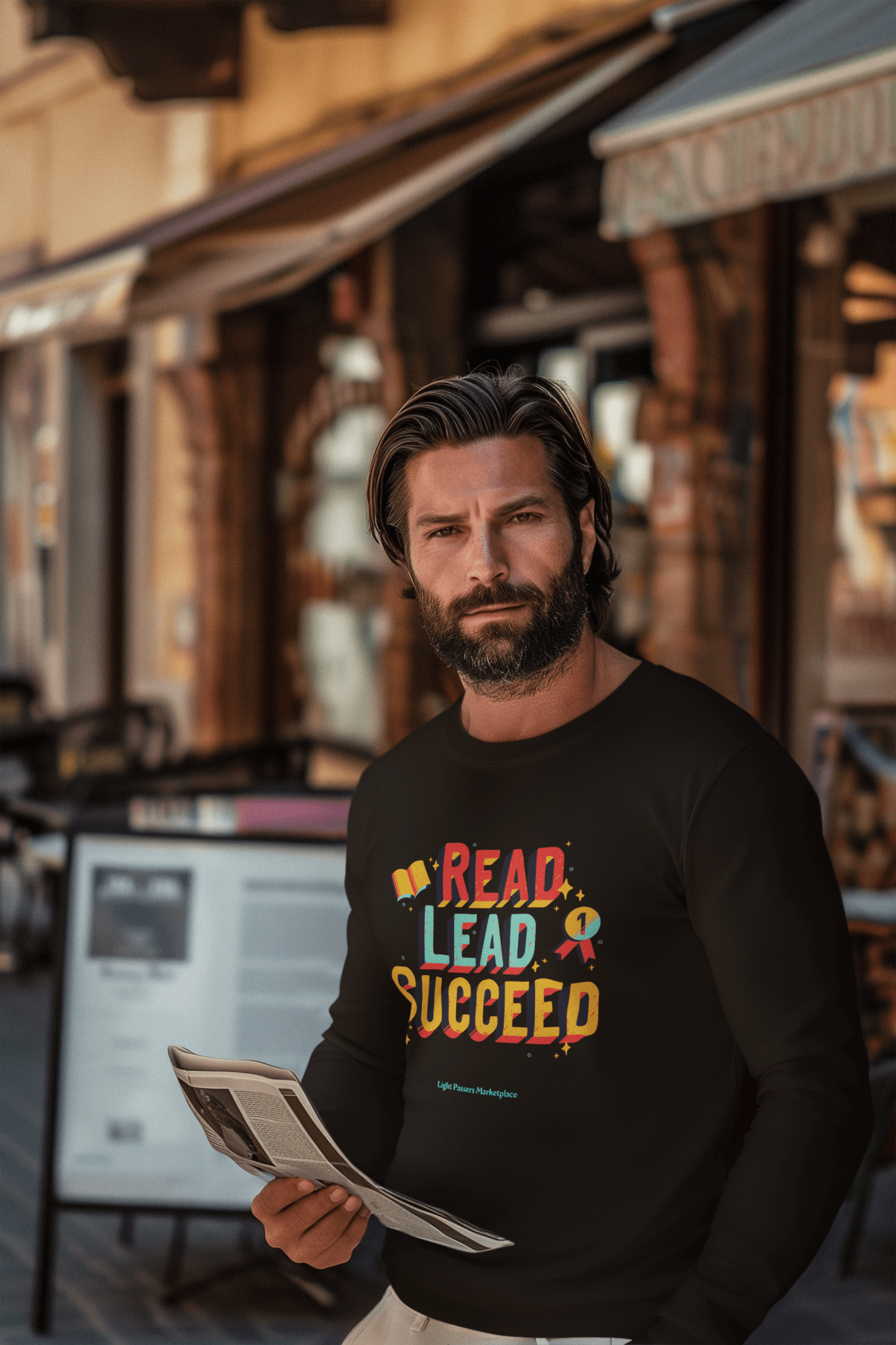 Man wearing Read Lead Succeed unisex long sleeve tee, holding a newspaper. The shirt is a casual, everyday favorite with excellent quality print.