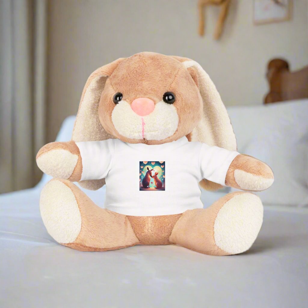 Cuddly and soft stuffed Bunny with Long ears wearing a white t-shirt with a Love design