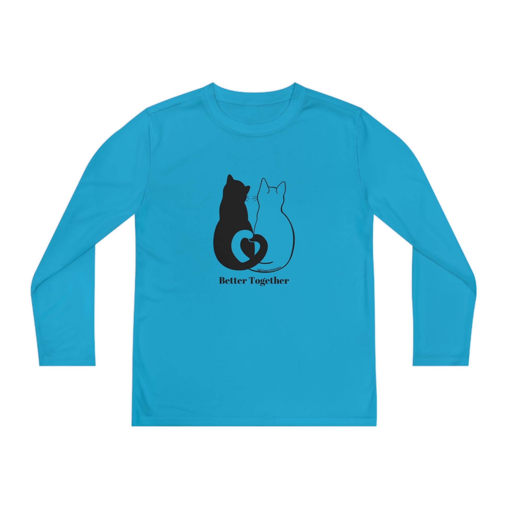 Youth Long Sleeve 2 Cats Heart Love Tails shirt featuring intertwined black and white cat tails forming a heart, perfect for cat lovers and kids.