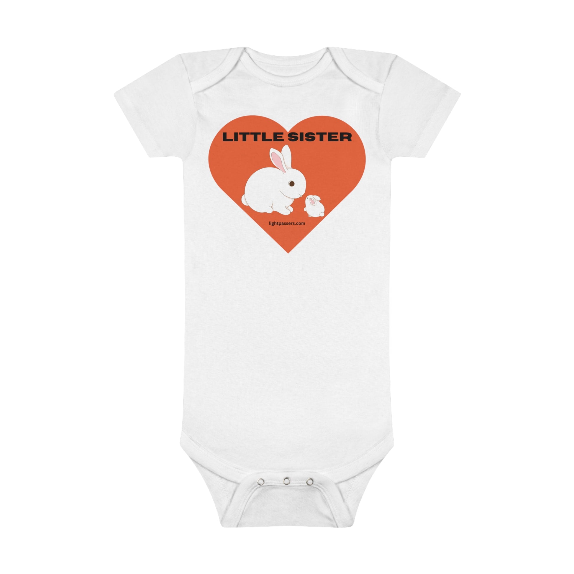 Organic cotton Little Sister Onesie with rabbit and heart print, snap closure, ribbed legs for stability. OEKO-TEX® certified for softness and breathability. Ideal for quick changes.
