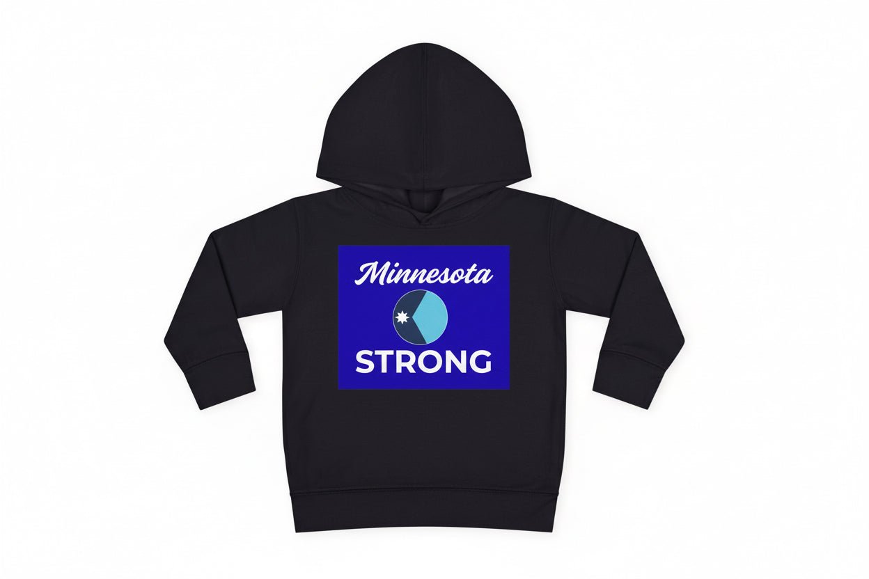 Toddler hoodie with Minnesota Strong graphic, featuring a script font and emblem, highlighting state pride. Cozy fleece, ideal for chilly outings or play.