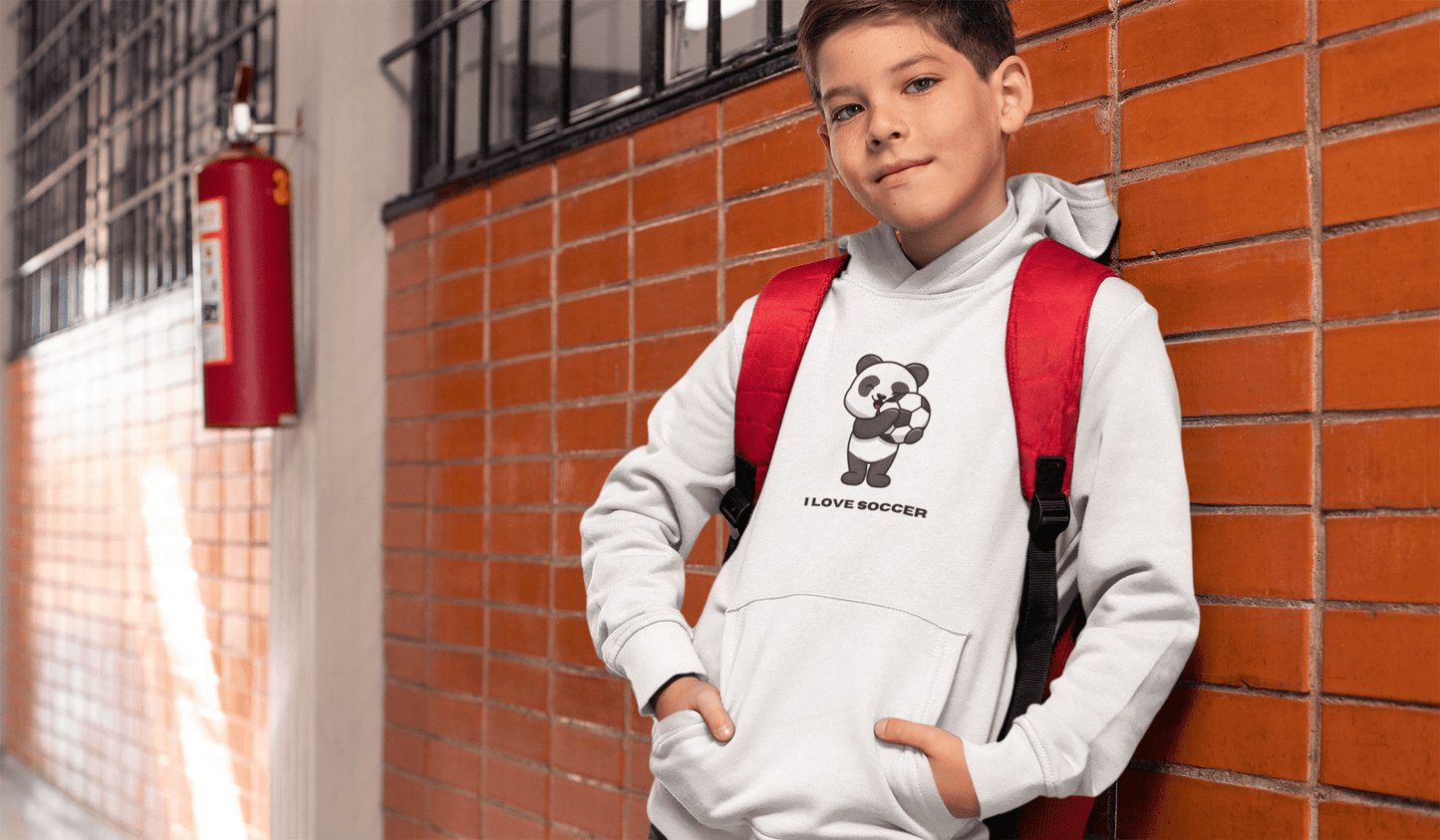 Kids Panda Soccer Hoodie – "I Love Soccer" Youth Hooded Sweatshirt
