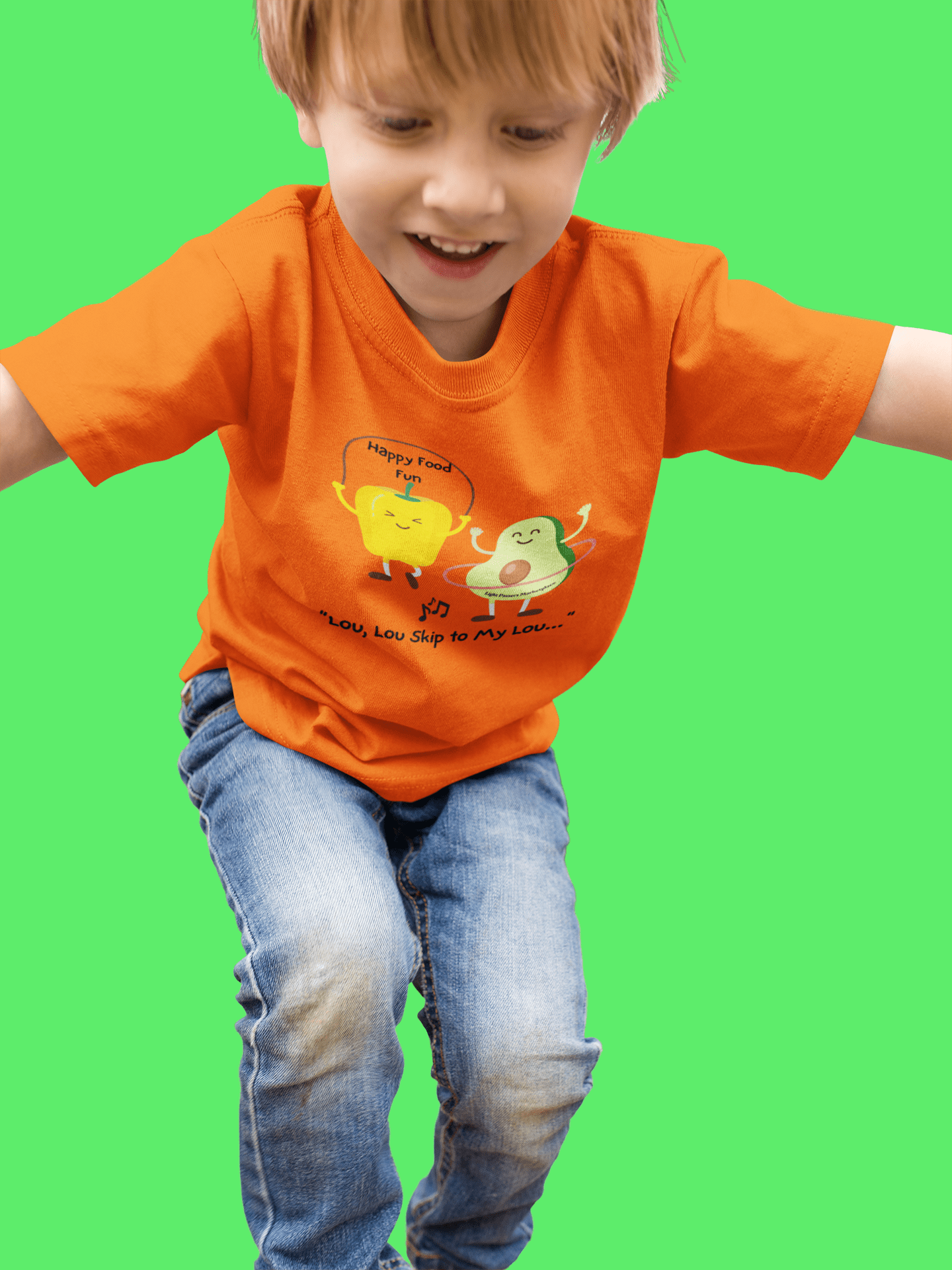 A toddler boy jumps joyfully in a Skip To My Lou Toddler T-shirt. Soft, 100% combed cotton, durable print, tear-away label, light fabric, classic fit.