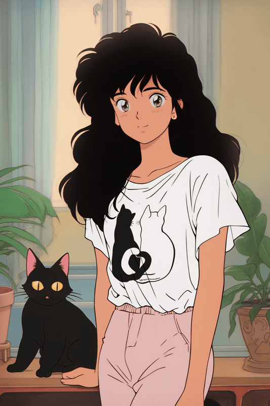 A cartoon of a woman with a black cat, embodying the Cats in Love Unisex T-Shirt. Soft 100% cotton tee with twill tape shoulders, ribbed collar, and ethical US cotton.