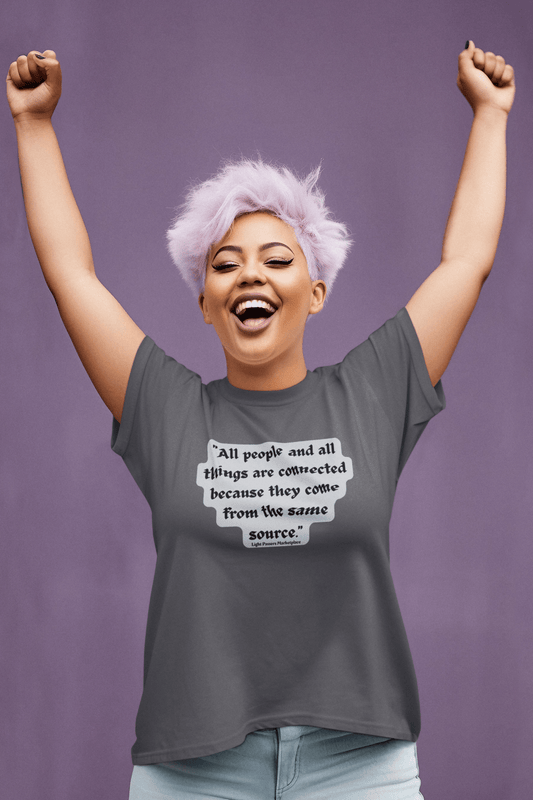 A woman with purple hair in a grey shirt, raising her arms. Unisex heavy cotton tee with smooth surface for premium printing. No side seams for comfort.