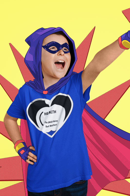 A child in a blue shirt with a hood and cape, pointing, wearing the Apple Health Youth T-shirt. Made of 100% cotton with twill tape shoulders, ribbed collar, and tear-away labels for comfort.