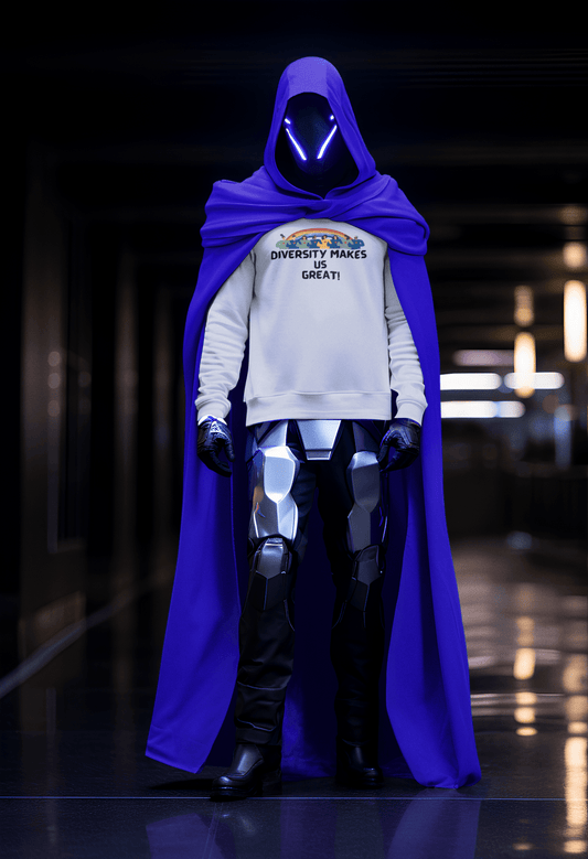 A person in a white hooded sweatshirt with a blue cape, black pants, and a mask, showcasing a cozy unisex heavy blend hooded sweatshirt with a kangaroo pocket and color-matched drawstring.