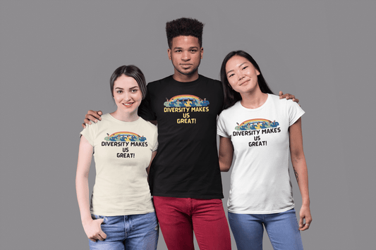 A diverse group of people in casual attire, smiling and posing. One person wears a white shirt, showcasing the Unisex T-shirt's classic fit and 100% cotton fabric for premium printing quality.