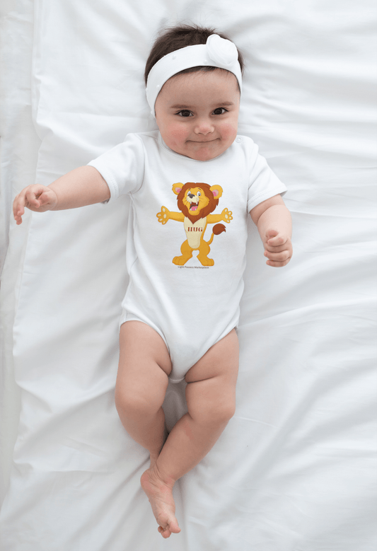 Organic cotton HUG Lion Onesie Baby Bodysuit with snap closure. Features ribbed legs for secure fit. Soft, breathable fabric with OEKO-TEX® certification.