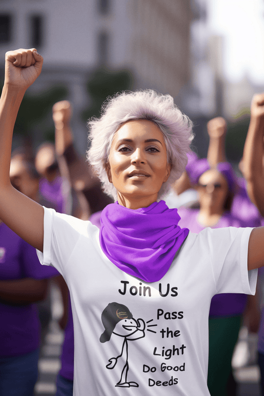 A woman with purple hair and a scarf holds her fists up, showcasing the Join Us Do Good Deeds Unisex T-Shirt's versatile style and soft 100% cotton fabric with twill tape shoulders for durability.