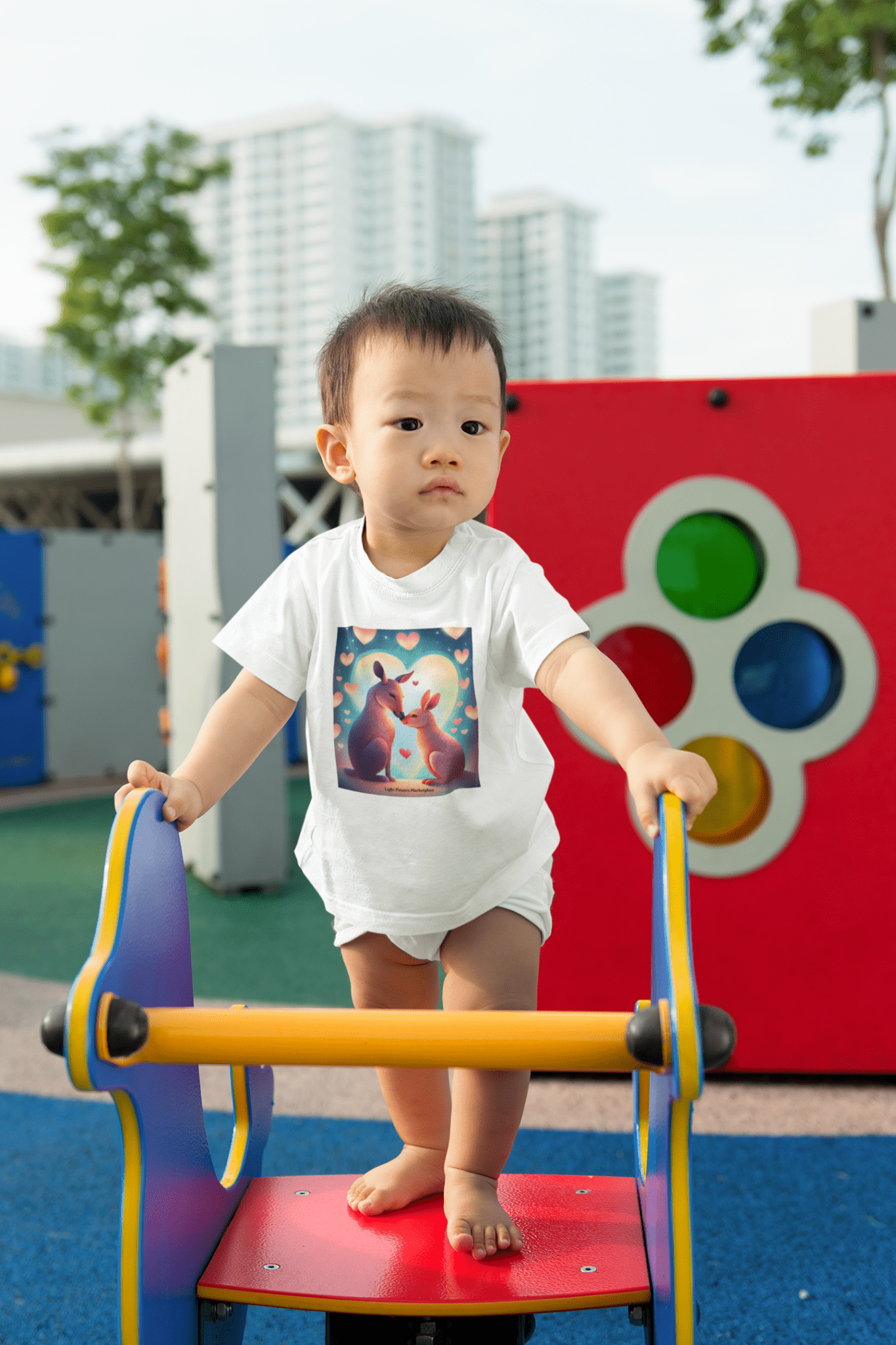 A toddler's tee featuring Hearts and Love 2 animals design. Soft 100% combed cotton, durable print, light fabric, tear-away label, classic fit, true to size.