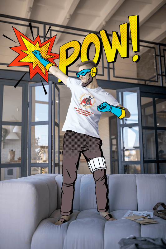 A man in a white shirt and brown pants, wearing headphones and gloves, lounging on a couch. Use Your Powers Unisex T-shirt, emphasizing comfort and style with 100% cotton, no side seams, and a tear-away label.