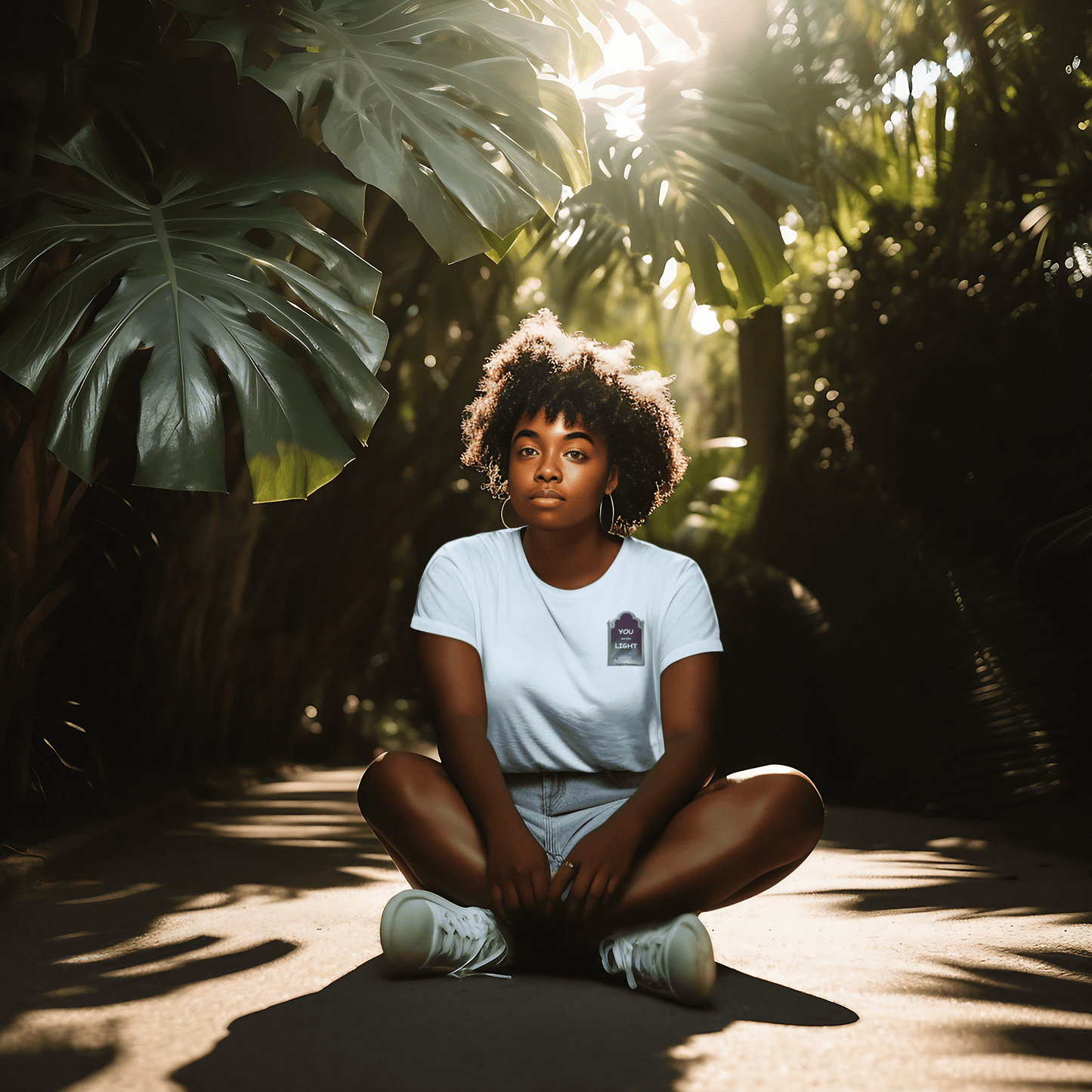 A woman with curly hair sits in the woods wearing a white shirt, paired with white shoes. Product: YOU ARE THE LIGHT small Mirror Unisex T-shirt, emphasizing comfort and durability for casual wear.