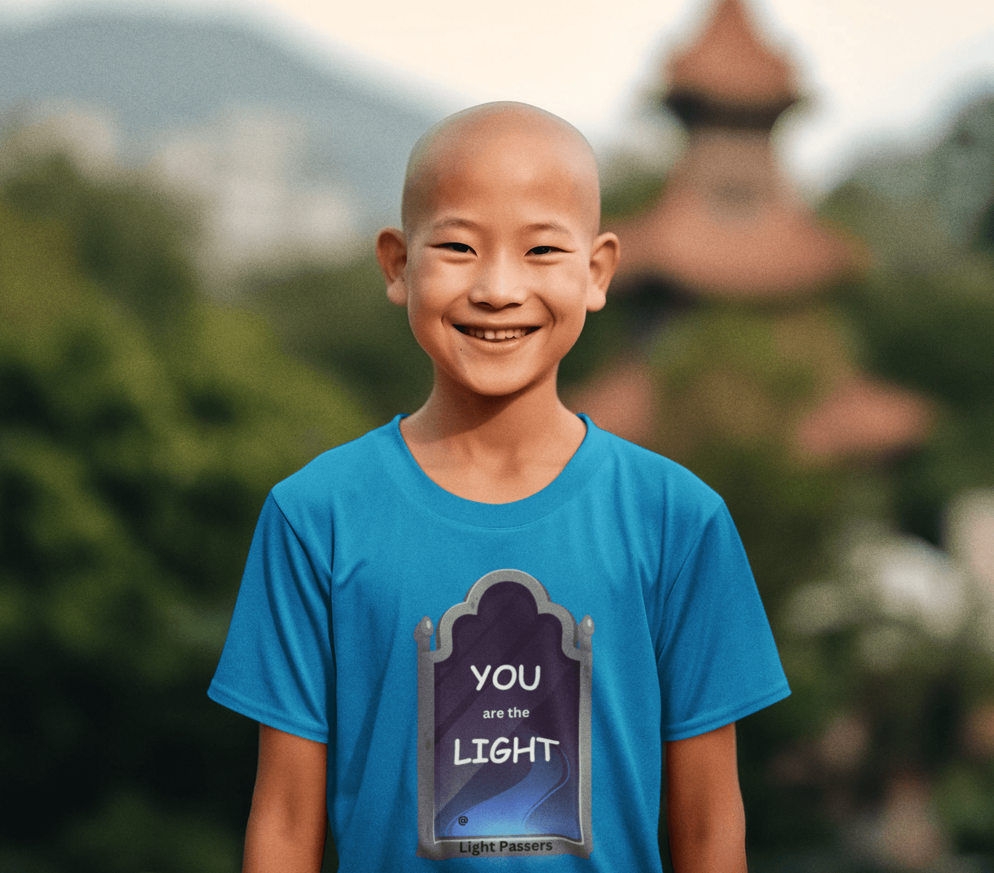 A smiling boy in a Light Youth T-shirt, showcasing a playful innocence. Super soft fabric, high-quality print, 100% combed ringspun cotton, tear away label, regular fit.