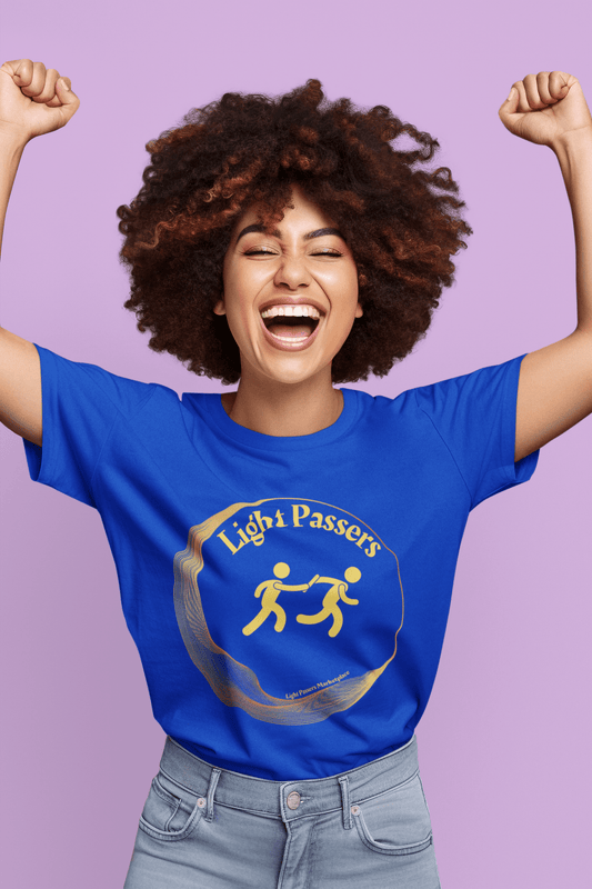 A woman with curly hair in a blue shirt, smiling. Close-up of a mouth and nose. A fist in focus. Light Passers Relay Logo Unisex T-shirt product shot.