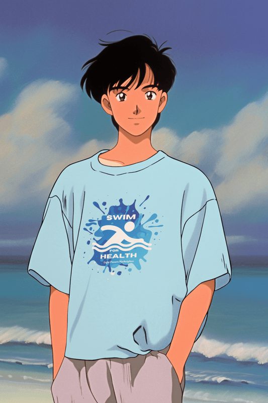 A cartoon of a boy in a Swim for Health Youth T-shirt, showcasing a logo close-up, 100% cotton fabric, twill tape shoulders, and ribbed collar for durability and comfort.