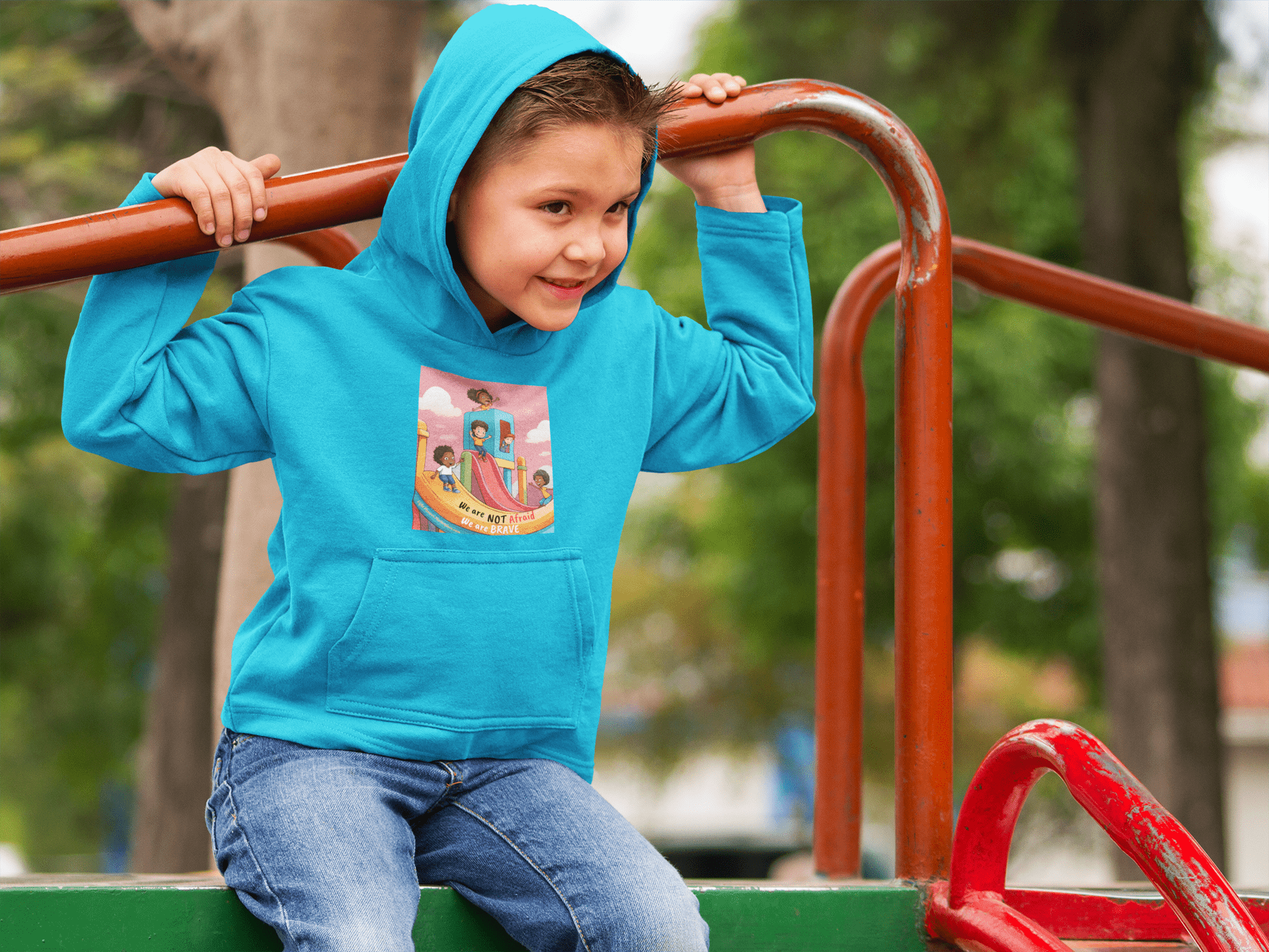 Child in Rabbit Skins We are Brave Toddler Hooded Sweatshirt on playground, featuring jersey-lined hood, cover-stitched details, side-seam pockets for cozy durability.