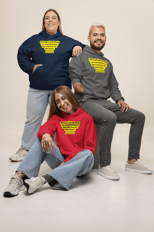 A group of people in a cozy All People are Connected Yellow Shape Unisex Hooded Sweatshirt, featuring a kangaroo pocket, drawstring hood, and ethical cotton-poly blend for warmth and comfort.