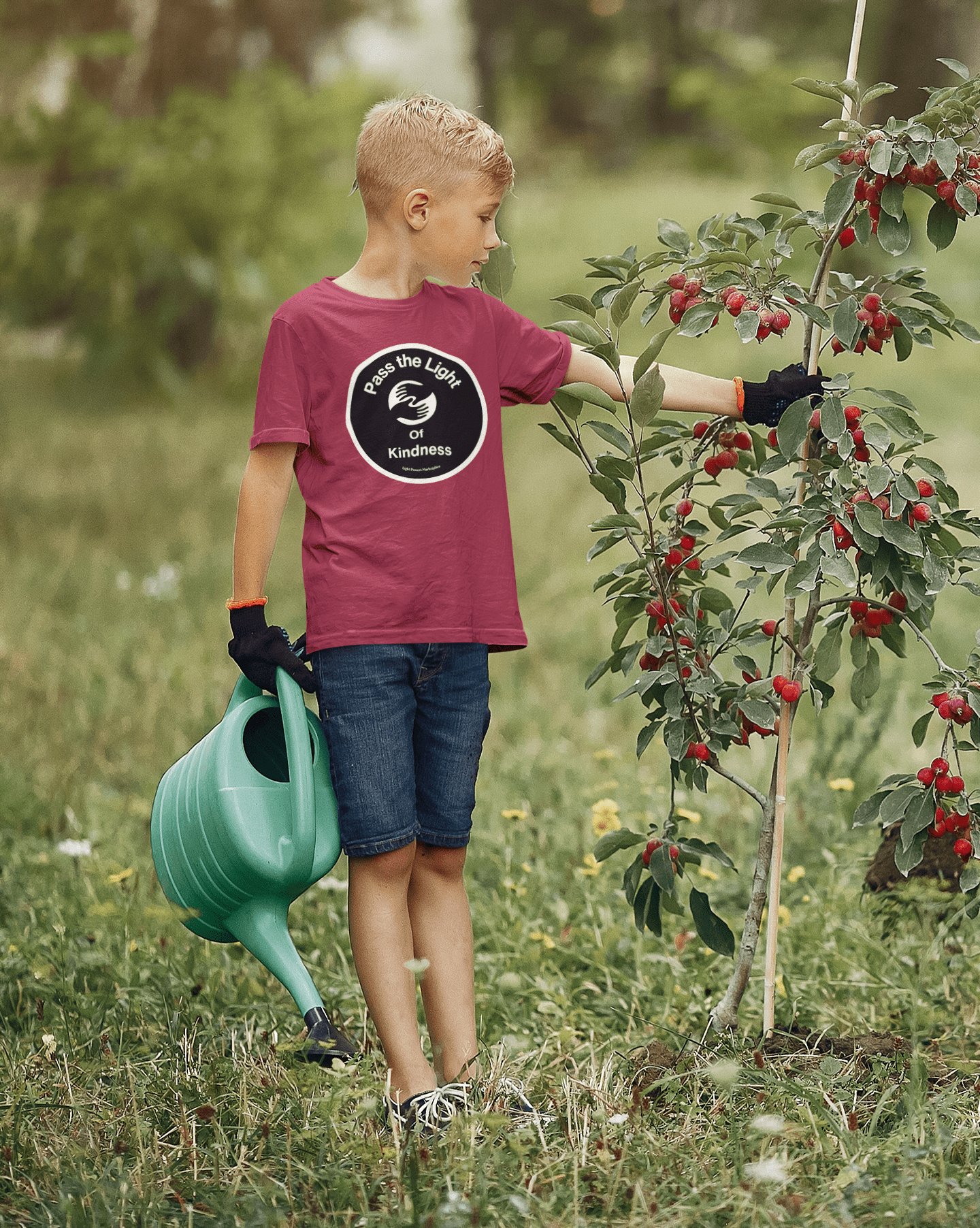 A boy picking berries from a tree, wearing a red shirt and blue jeans, holding a watering can. Pass the Light of Kindness 2 hands Youth T-shirt, 100% cotton, tear-away label, classic fit.