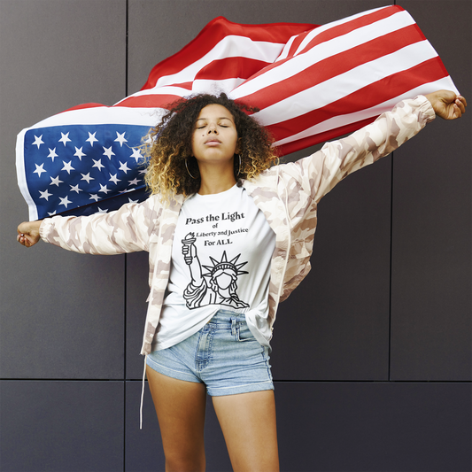 The Light- Liberty and Justice Adult Unisex Softstyle T-Shirt, featuring a Pass the Light design, ideal for expressing social justice values.