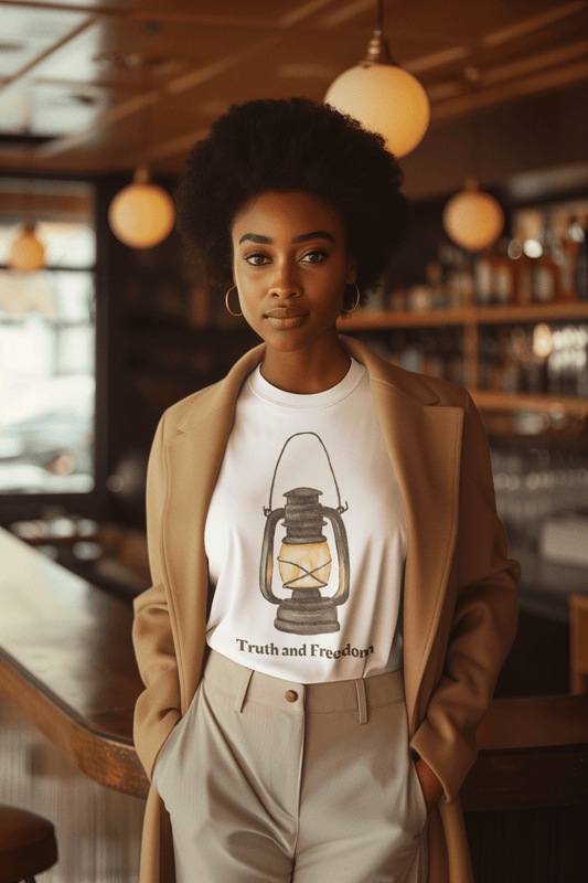 The Light 'Truth and Freedom' Lantern Adult Unisex T-shirt with vintage lantern design, worn by a woman at a bar, showcases comfort and style.