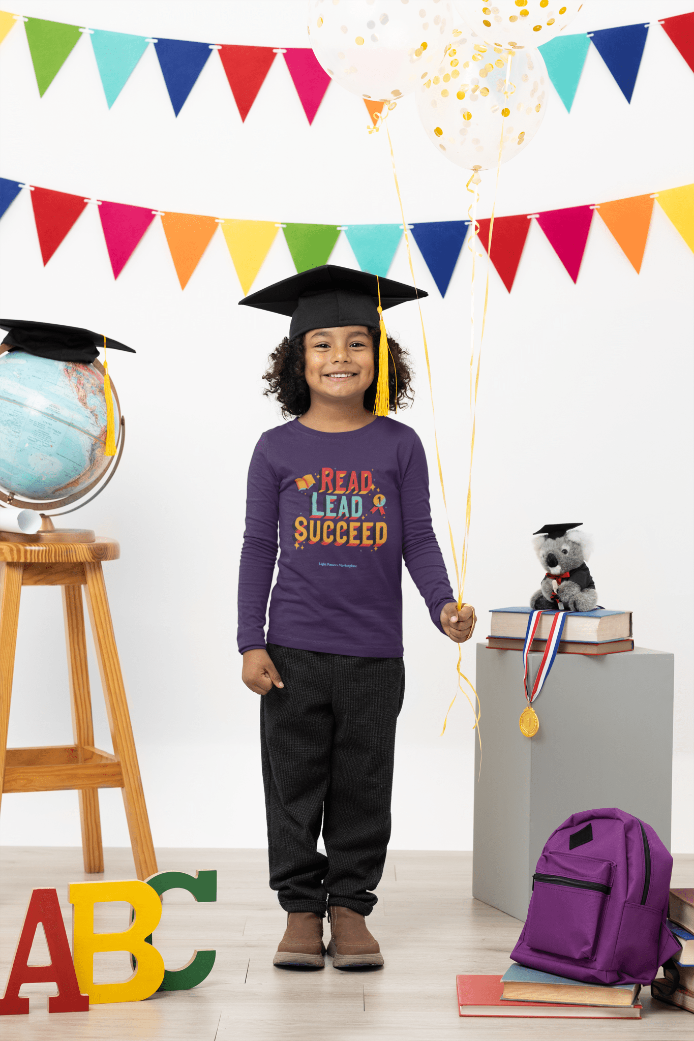 Long Sleeve Read Lead and Succeed Youth T-Shirt displayed on a wooden stool, featuring a purple shirt with a graduation-themed backdrop, ideal for young students.