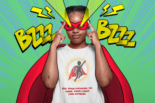 Kids Tee with Use Your Powers of the Light superhero design, promoting kindness and love. Ideal for young superheroes, featuring durable cotton blend, perfect for everyday adventures.