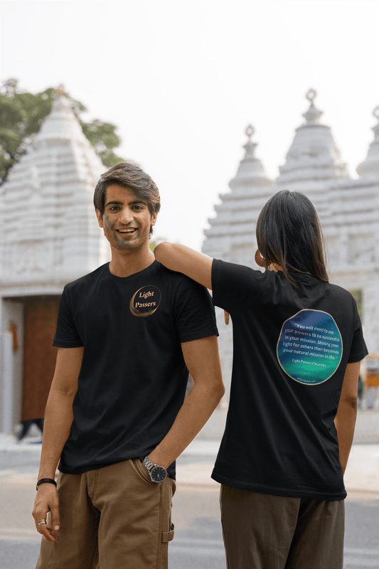 A man and woman pose in Light Passers Logo Unisex T-shirt. Classic fit, 100% cotton tee with no side seams, smooth surface for vivid printing, and tape on shoulders for durability.