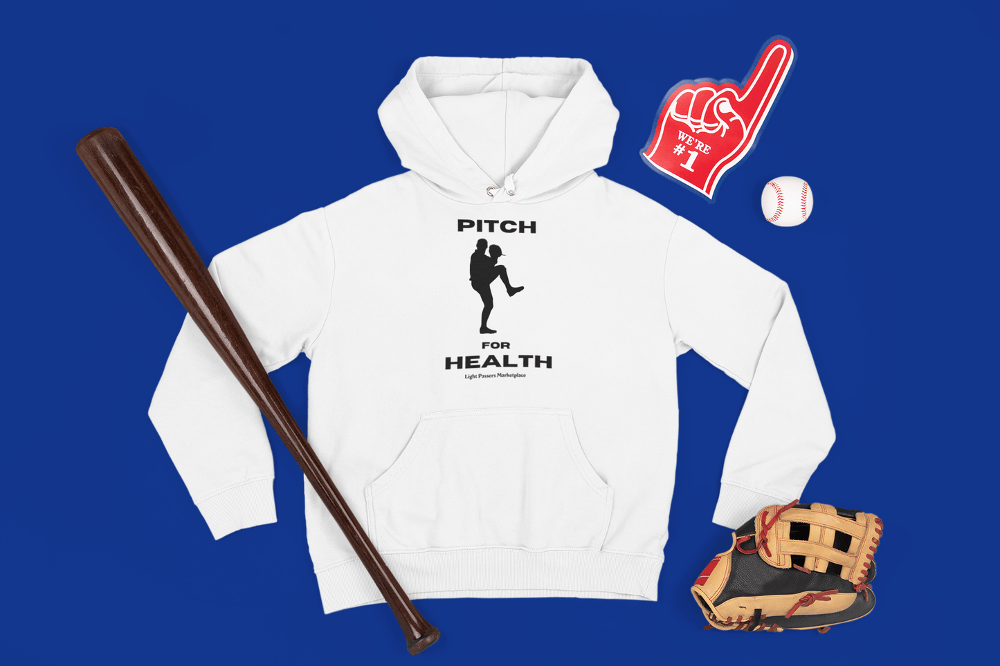 A white youth hooded sweatshirt featuring a baseball bat and glove design, with a kangaroo pocket and reinforced neck. Made of 50% cotton, 50% polyester for comfort and print quality.