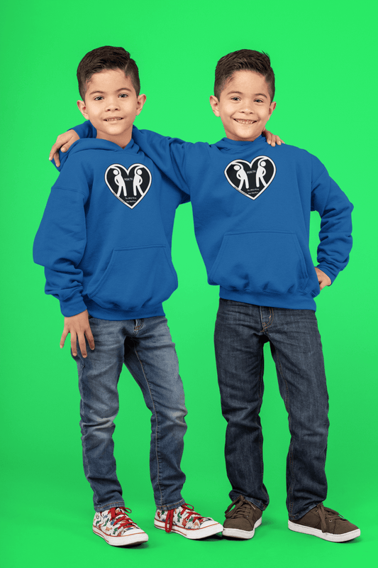 Two boys in blue hooded sweatshirts with heart designs, one smiling at the camera. Close-ups of shoes with intricate designs. Youth blend hooded sweatshirt, 50% cotton, 50% polyester, kangaroo pocket, reinforced neck.