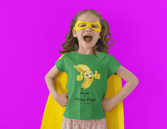 A girl in a Banana Happy Food Youth T-shirt, smiling, wearing a yellow mask. 100% cotton tee with twill tape shoulders, ribbed collar, and tear-away labels for comfort. Ethically made with US cotton.