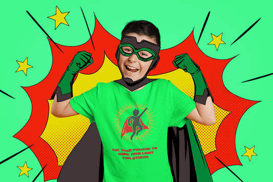 A boy in a superhero garment with a green cape, mask, and cartoon glasses, showcasing the Use Your Powers Youth T-shirt. Illustration of a person with a cape logo.