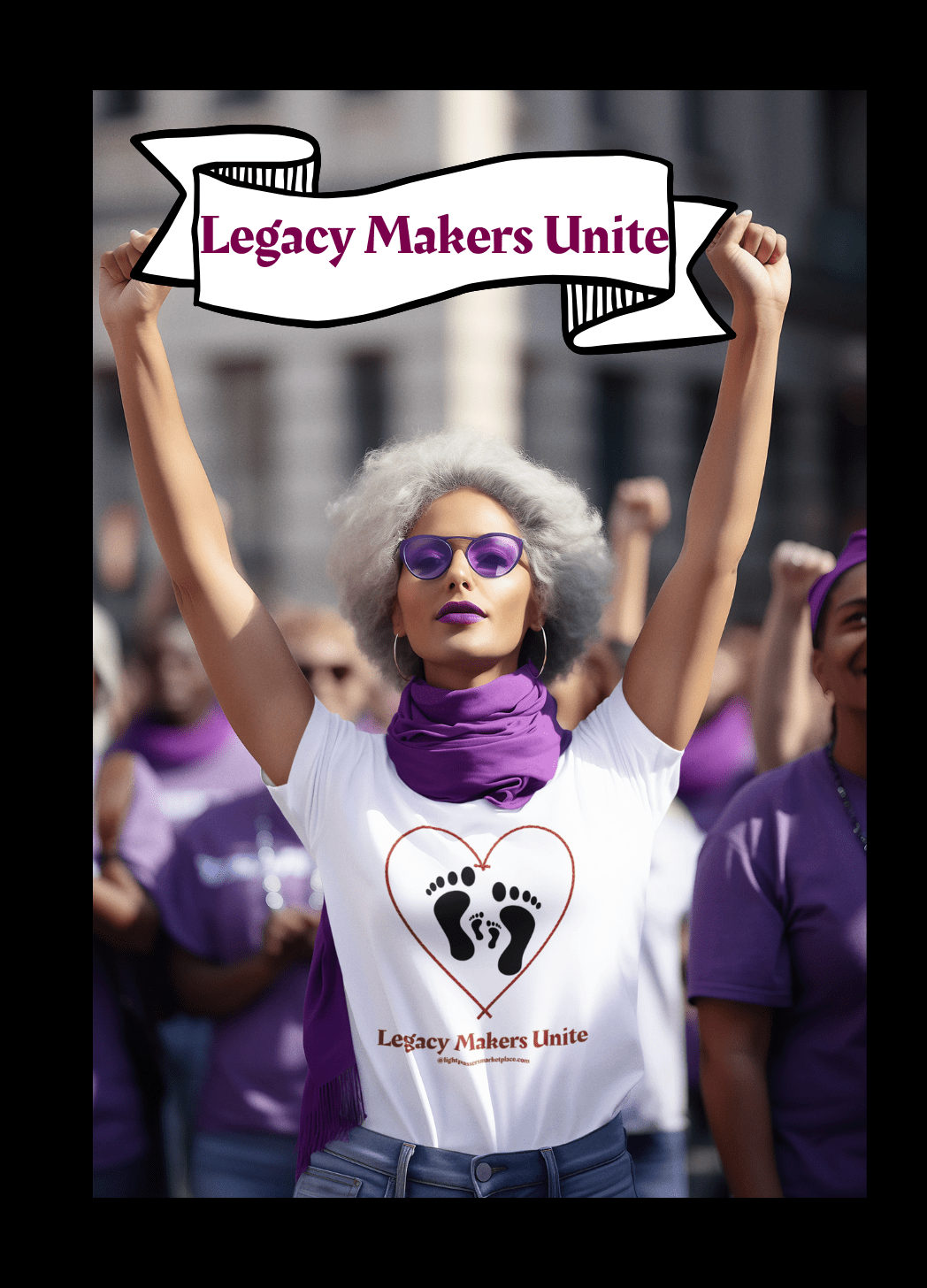 Woman at rally holding Legacy Makers Unite banner, wearing the Love and Peace Legacy Makers Unite T-Shirt featuring footprints in a heart design.