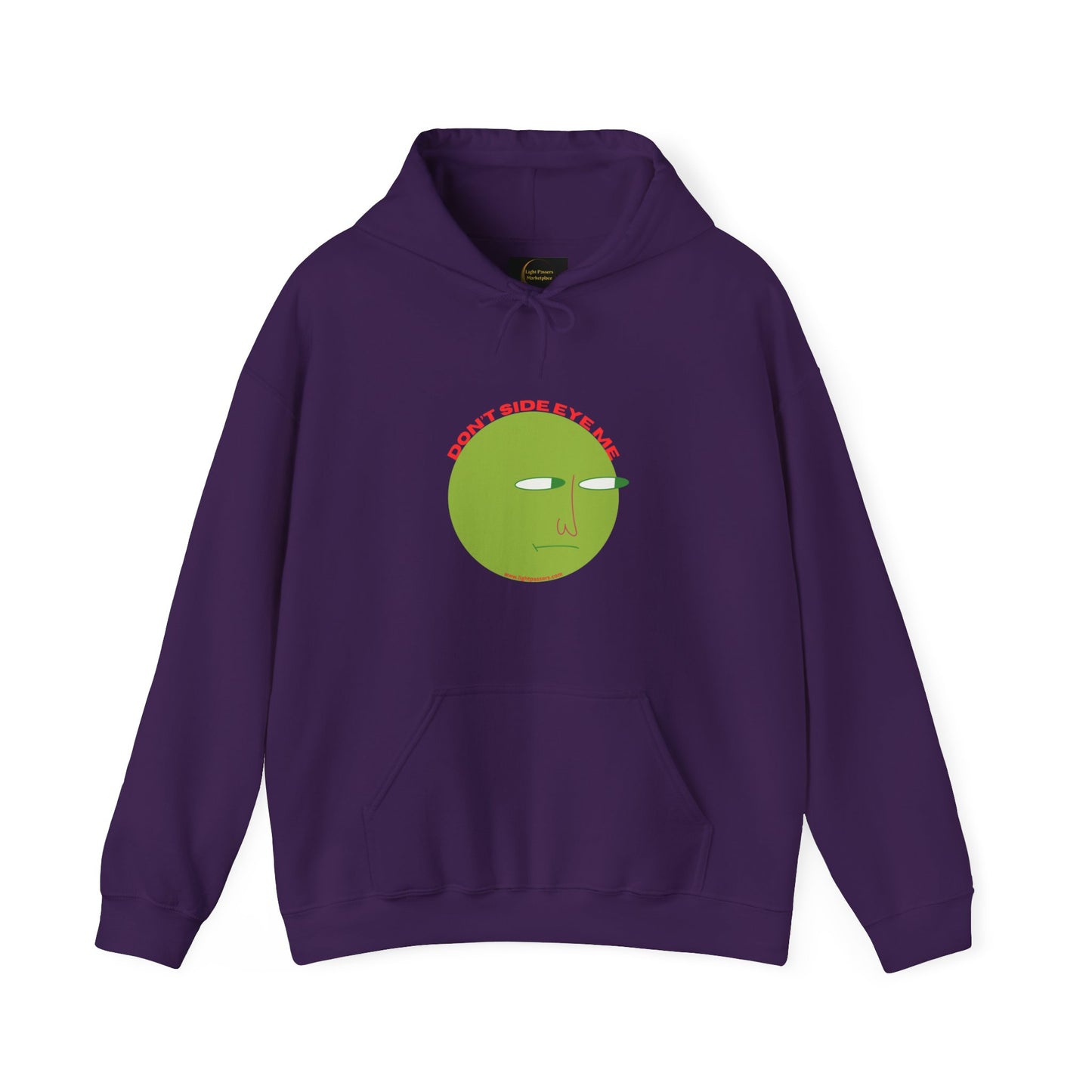 A purple unisex hooded sweatshirt featuring a face design, kangaroo pocket, and color-matched drawstring. Made of 50% cotton and 50% polyester for warmth and comfort.