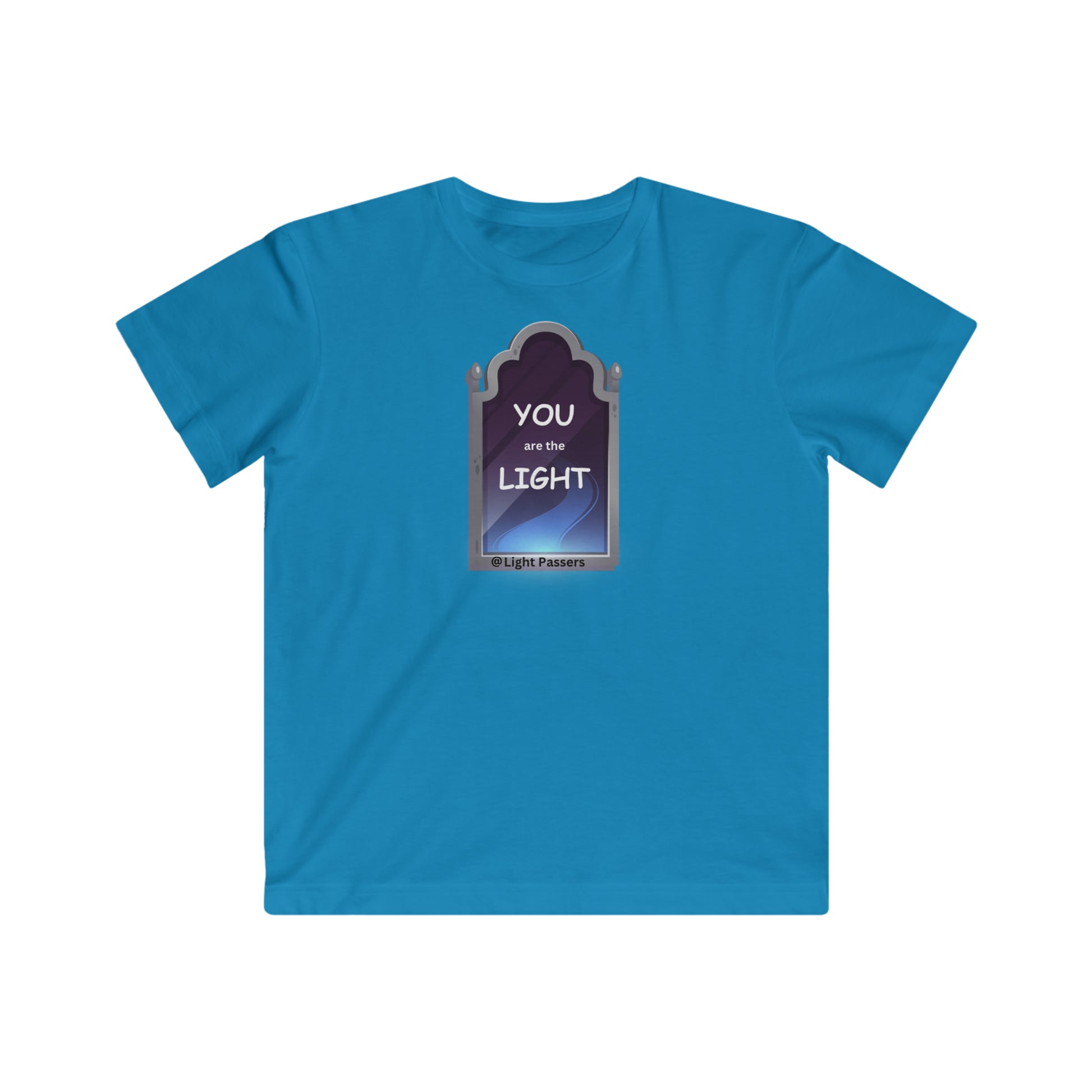 Youth T-shirt featuring a picture of a mirror with the message You are the Light  on a cobalt blue Soft jersey fabric, 100% combed ringspun cotton, light 4.5 oz/yd² fabric, tear away label, regular fit.