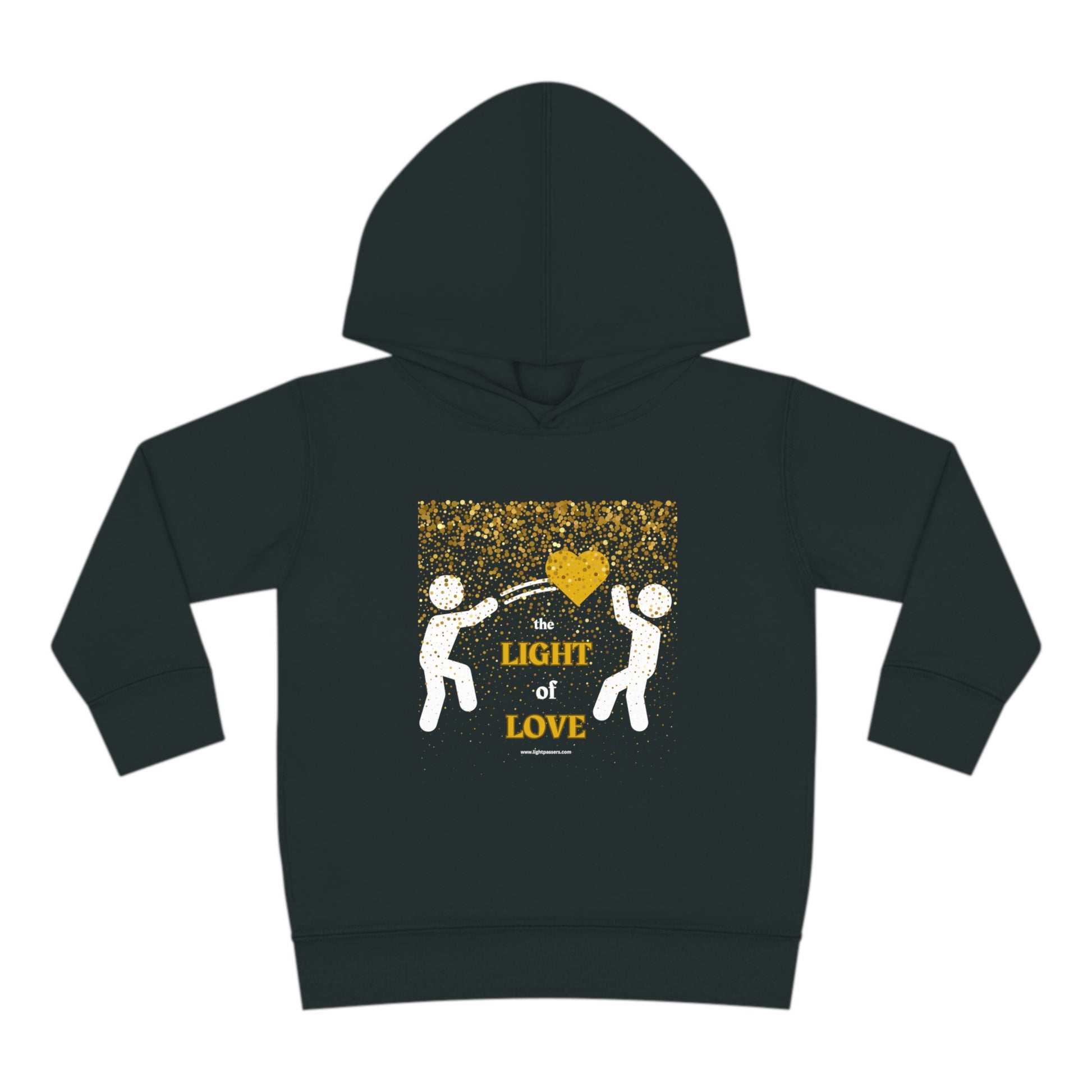 A Rabbit Skins toddler hoodie featuring a heart motif with people passing a heart embodying the Light of Love Gold Heart design. Jersey-lined hood, side seam pockets, and durable construction for lasting coziness.