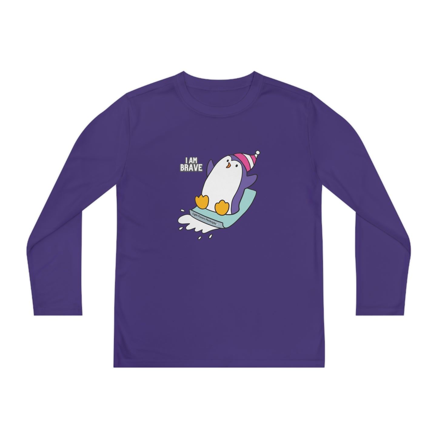 Youth Long Sleeve Brave Penguin Design for Kids, featuring a cartoon penguin on a ski lift, made of moisture-wicking polyester, perfect for active adventures.
