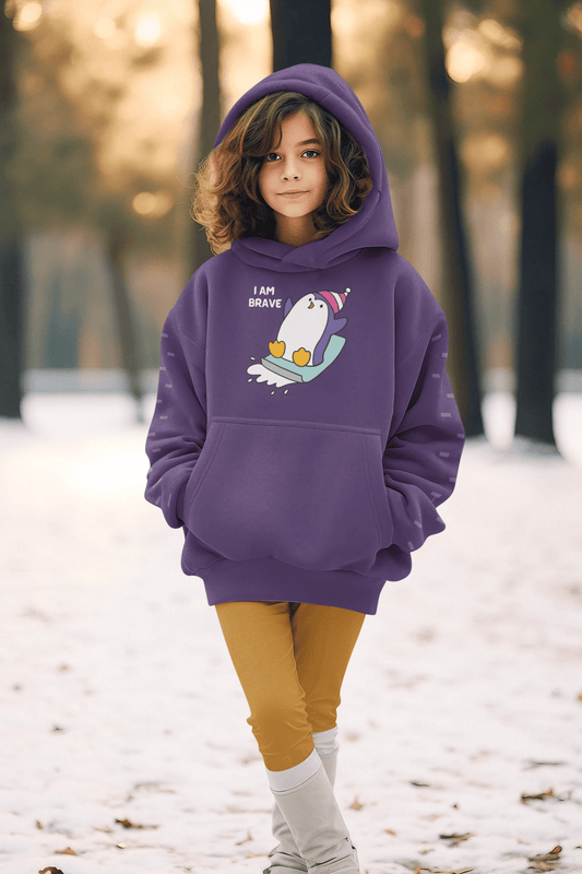 Brave Penguin Youth Hoodie – Cute Sledding Penguin "I Am Brave" Kids Sweatshirt