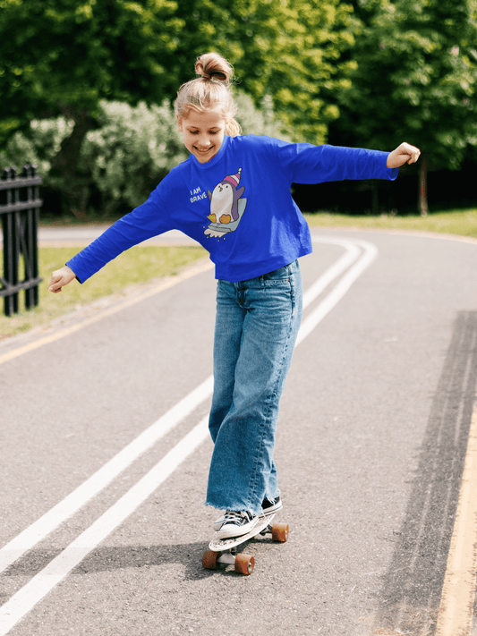 Youth Long Sleeve Tee — 'I Am Brave' Sliding Penguin Kids T-Shirt