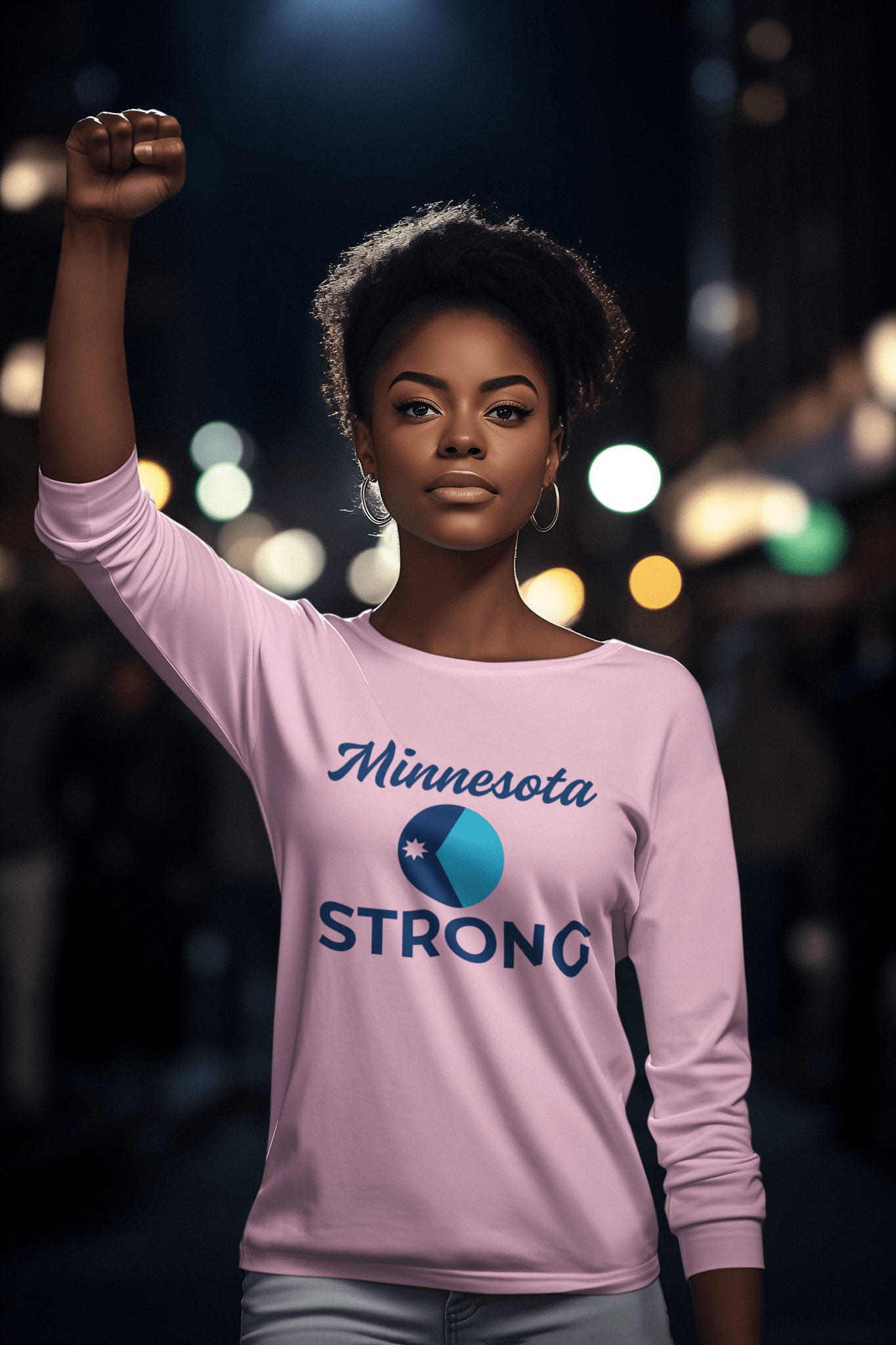 Young woman in urban setting wearing Love and Peace The Light Adult Unisex Minnesota Strong Long Sleeve Tee, raising a fist, embodying resilience and community pride.