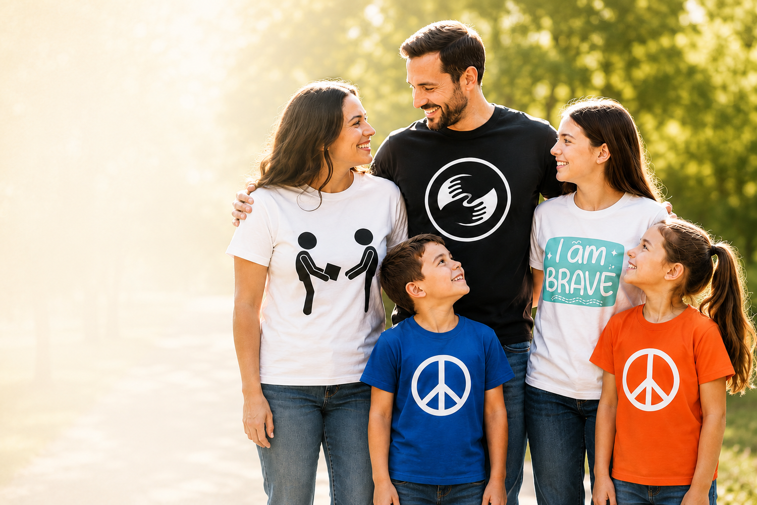 Family of five wearing t-shirts with symbols and text, standing outdoors.