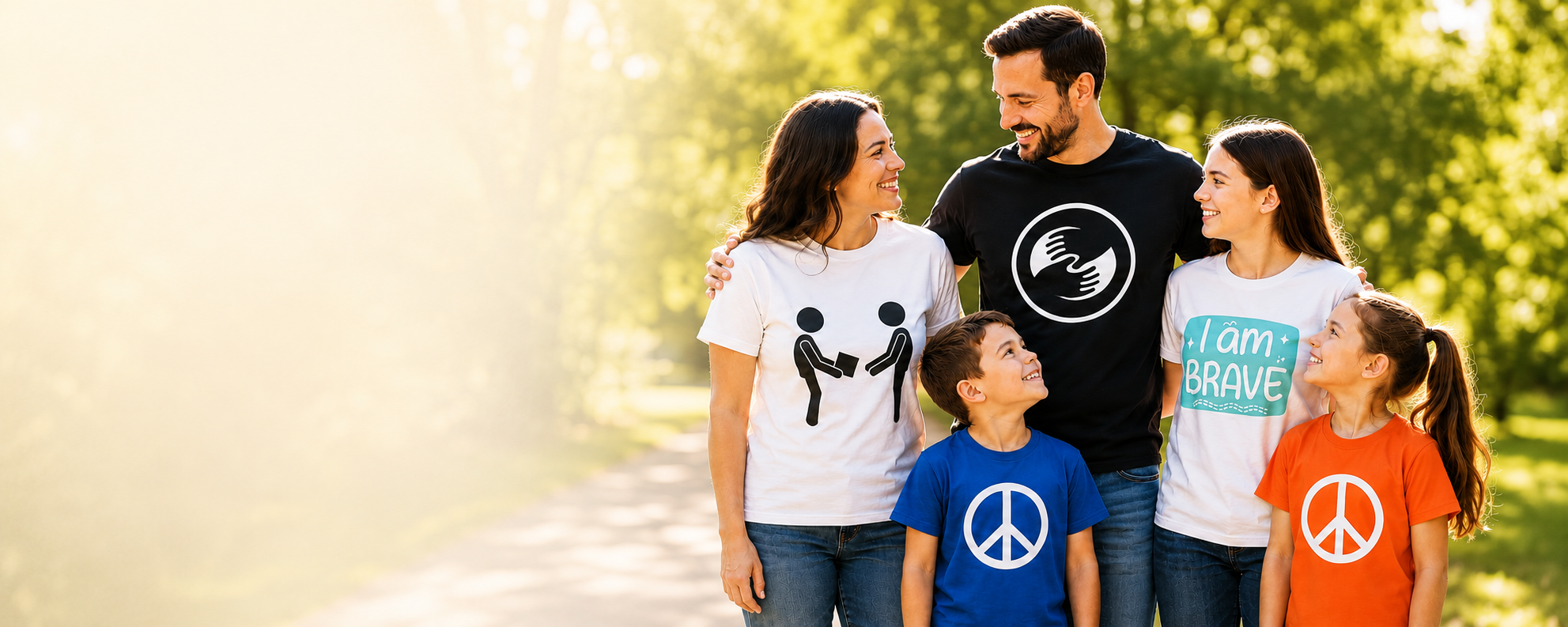 Family of five standing together outdoors with matching t-shirts.