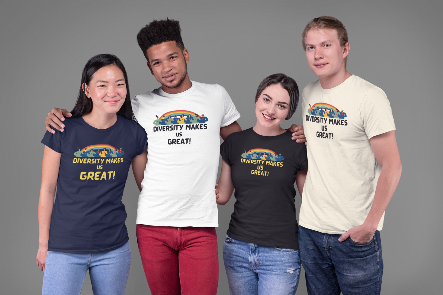 Diversity Makes Us Great Adult Unisex T-Shirt yellow or black letters— Inclusive Rainbow Community Tee