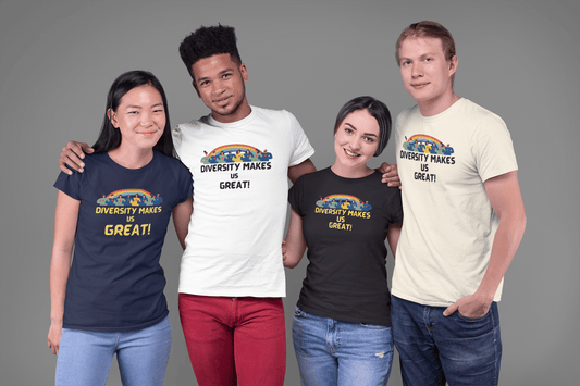 Diversity Makes Us Great Adult Unisex T-Shirt yellow or black letters— Inclusive Rainbow Community Tee