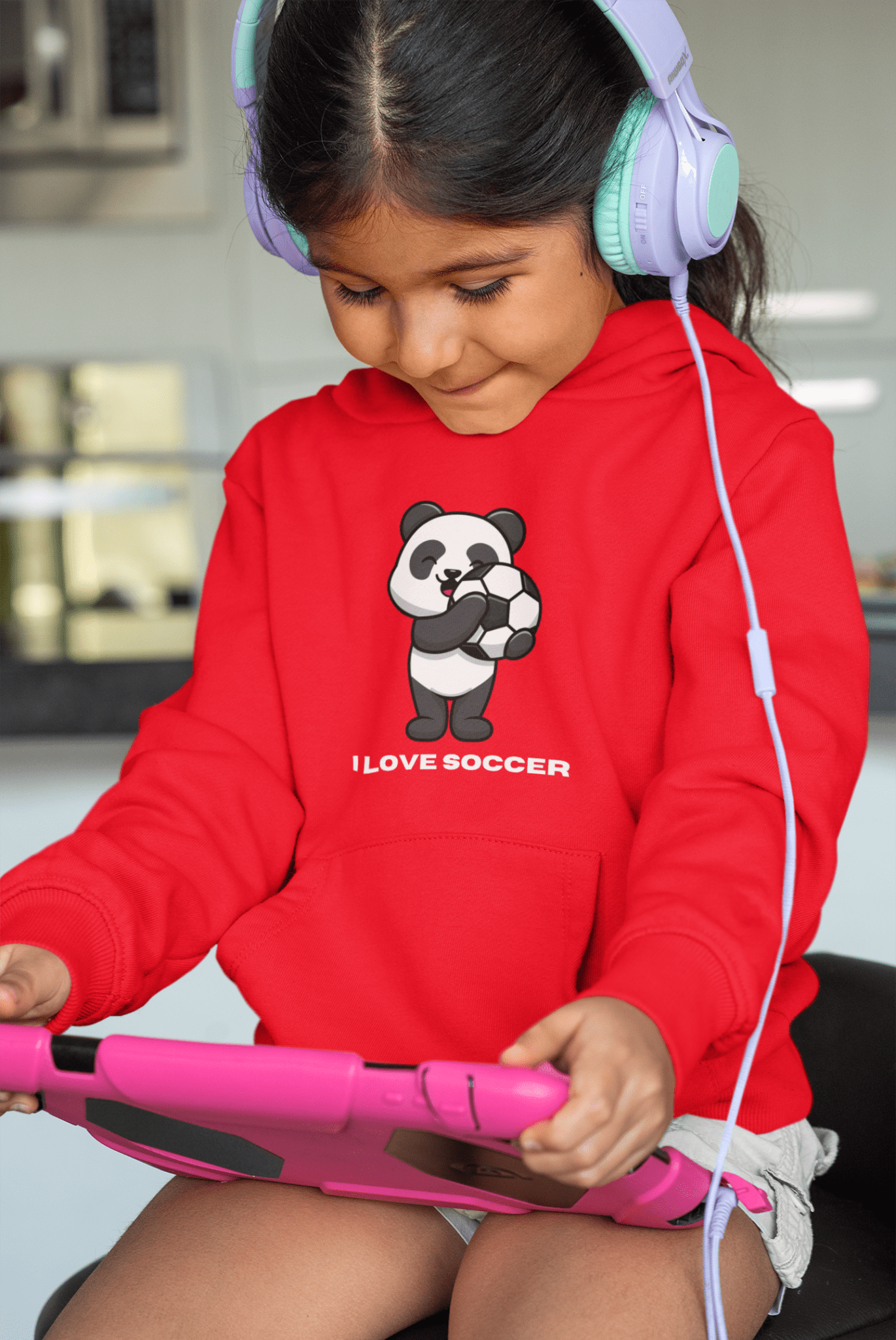 Kids Panda Soccer Hoodie – "I Love Soccer" Youth Hooded Sweatshirt