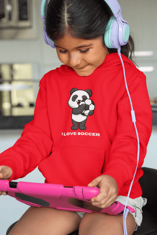 Kids Panda Soccer Hoodie – "I Love Soccer" Youth Hooded Sweatshirt