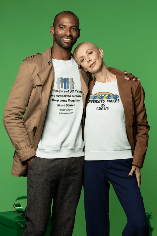 A man and woman pose, showcasing the All People are Connected Unisex Crewneck Sweatshirt. Made of 50% cotton and 50% polyester, it offers comfort with ribbed knit collar and durable double-needle stitching.