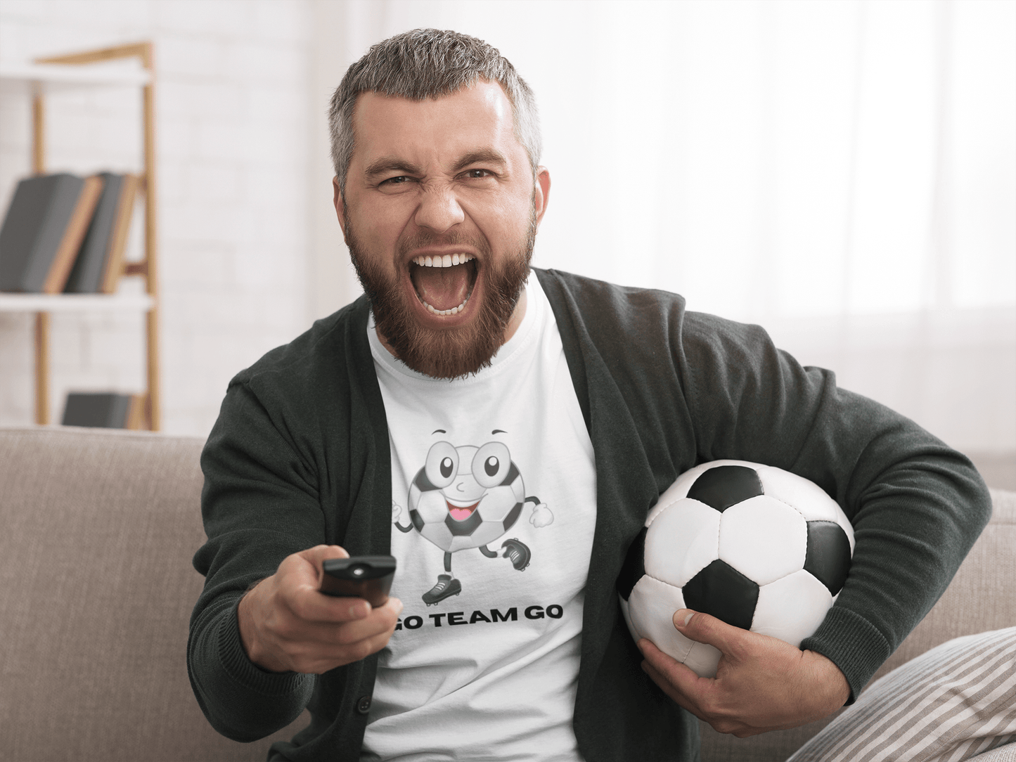 Adult Unisex Cute 'Go Team Go' Soccer T-Shirt — Soccer Ball Guy Cartoon SoccerTee (Great Gift)
